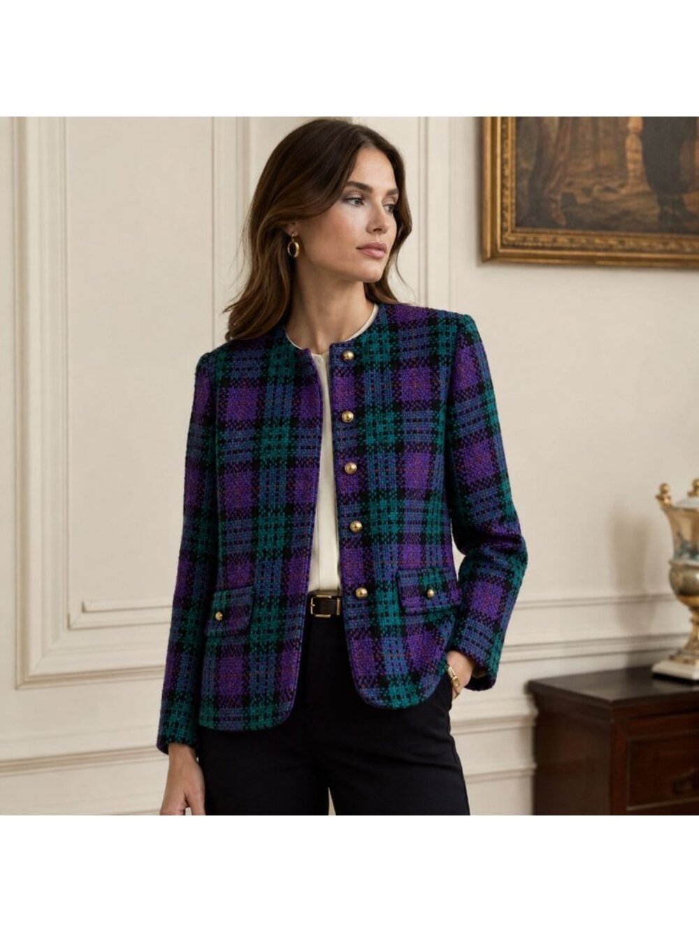 Koret vintage1990s collarless plaid tweed blazer Size M Old Money Regal Preppy